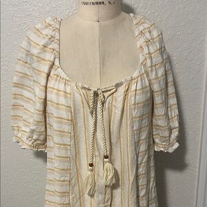 Linen Blend Wonderly Cream and Yellow Striped Dress